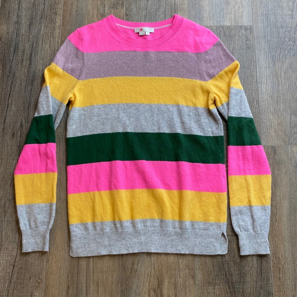 Boden Womens Cashmere Blend Striped Metallic Crew Neck Sweater Pink Yellow Med